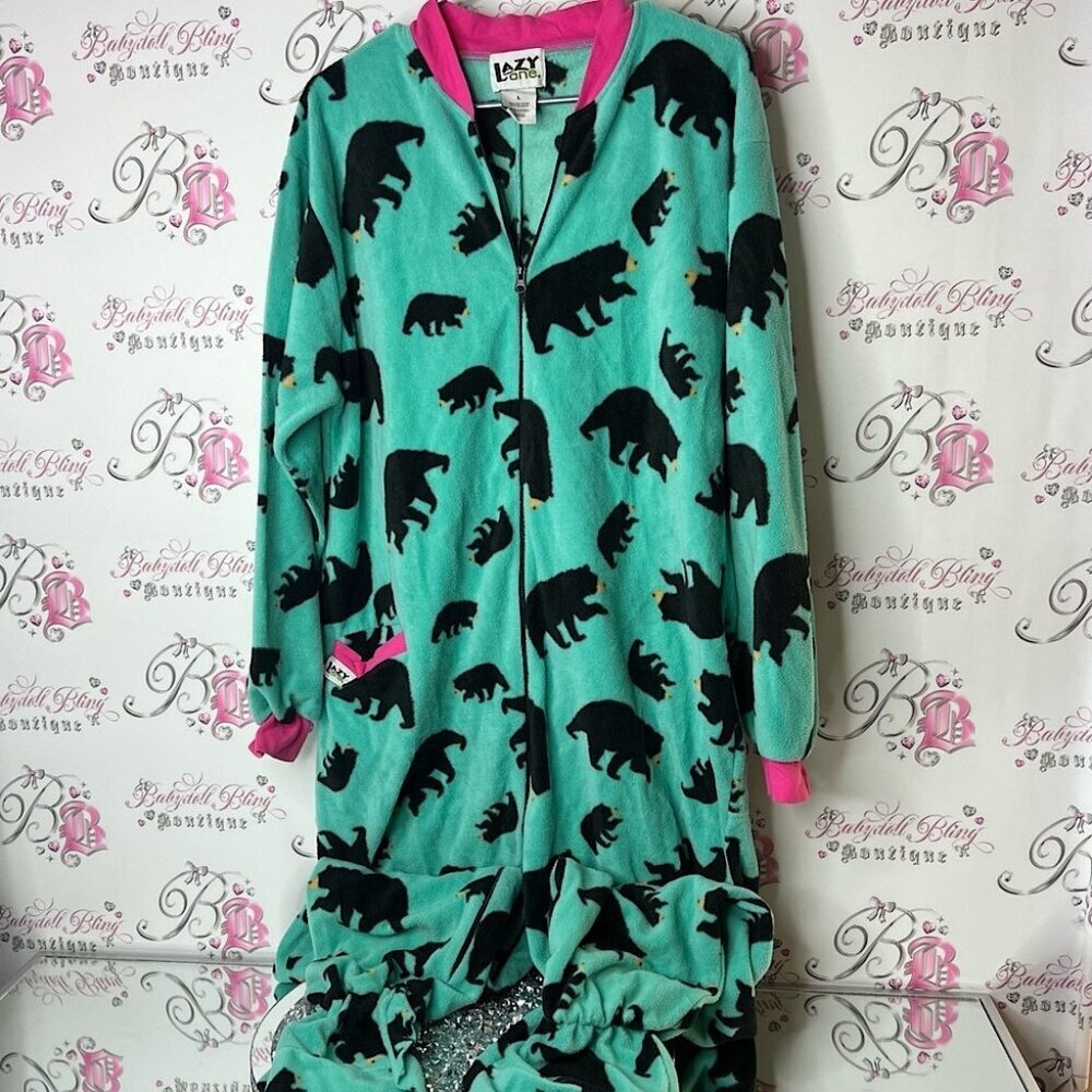 Lazy One onsie Teal and Black Bear Pajama one piece jumper pants zip down & flap